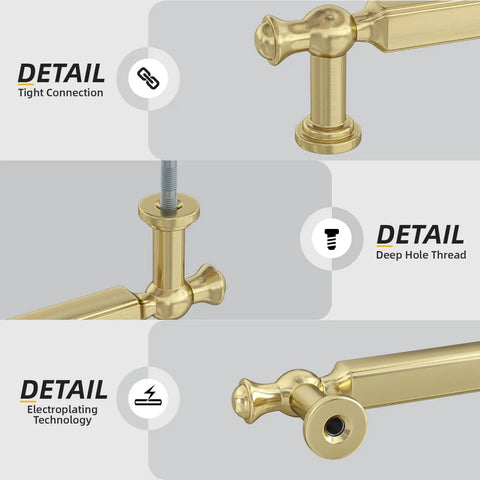 Close-up details of 5 Pack 3 Inch Gold Cabinet Pulls Brushed Gold Drawer Handles Zinc Alloy Hardware for Kitchen Cupboard