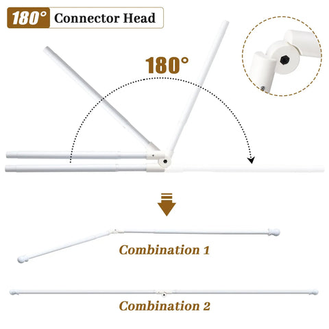 White Steel L Shape Corner Curtain Rod Adjustable From 30 To 136 Inches Wall Mounted With Glossy Smooth Finish showing 180 degree connector and configurations