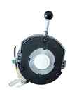 Front view of power-loss electromagnetic brake unit, 24V, 35Nm, black circular housing with silver center and top lever