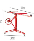 Heavy Duty Steel Drywall Lifter With Adjustable Height And Smooth Ride Casters For No Sweat Solo Ceiling Mounting and Plasterboard Hoisting on Any Busy Job Site or Home Reno Garage Setup, red frame with measurements.