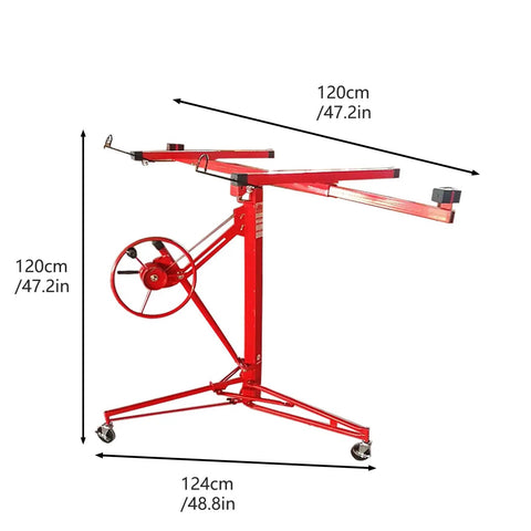 Heavy Duty Steel Drywall Lifter With Adjustable Height And Smooth Ride Casters For No Sweat Solo Ceiling Mounting and Plasterboard Hoisting on Any Busy Job Site or Home Reno Garage Setup, red frame with measurements.