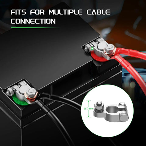 Heavy Duty Copper Battery Terminal Connectors Kit With 2 Gauge 3 8 Inch Positive Negative Lugs mounted on a car battery.