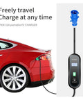 Heavy Duty Portable Ev Charger With Type Two And J1772 Adapters charging a red EV vehicle, showcasing 32 Amp 7 Kw power output.