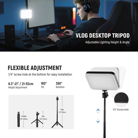 Two Pack LED Video Panel Light Kit With Desktop Tripod Stands And Filters For Webcam Desktop Computer And Laptop Zoom Calls Dimmable For Makeup Recording Selfie And Streaming BP66 in use on desk setup.