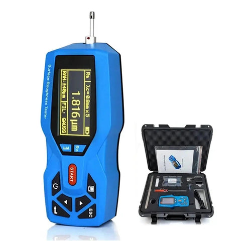 Slick Handheld Digital Surface Roughness Tester Portable Profilometer With Plug And Play Computer Hookup displaying measurement.
