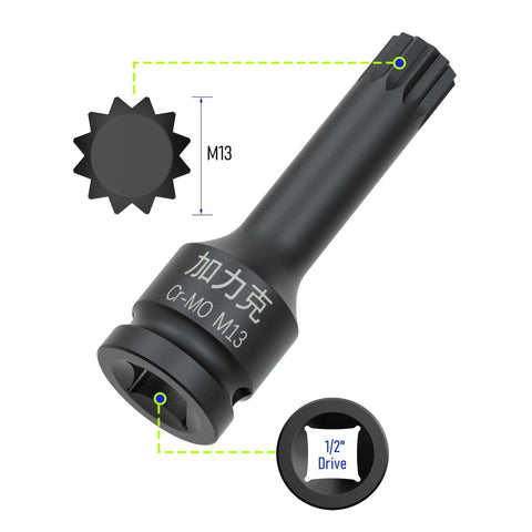 Half Inch Drive XZN Triple Square Spline Socket Bit for Impact Wrenches, M13 Metric, heavy duty CRMO steel, black oxide finish