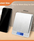High Precision Kitchen Scale With 105 Oz Capacity And 0.01 Oz Accuracy For Cooking Baking And Meal Prep Tare Function Dual Trays And Clear LCD Display next to phone for size comparison