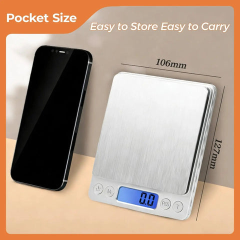 High Precision Kitchen Scale With 105 Oz Capacity And 0.01 Oz Accuracy For Cooking Baking And Meal Prep Tare Function Dual Trays And Clear LCD Display next to phone for size comparison
