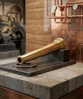 Top Tier Heavy Duty Brass Fire Nozzle 1.5 Inch Nst Fitting on concrete base in industrial style setting.