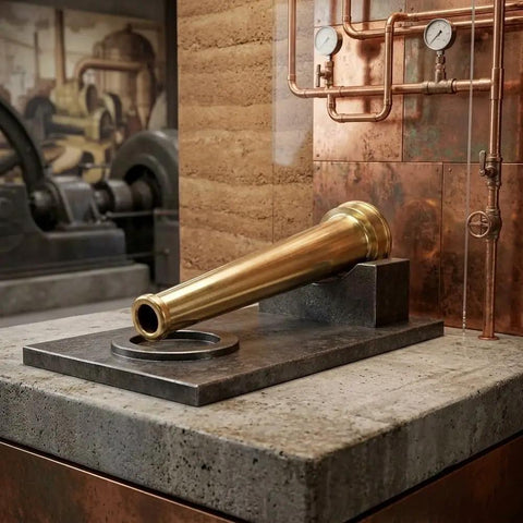 Top Tier Heavy Duty Brass Fire Nozzle 1.5 Inch Nst Fitting on concrete base in industrial style setting.