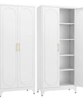 Tall White Metal Pantry Cabinet With Door 75 Inch High Kitchen Storage Cupboard With Adjustable Feet, open and closed view