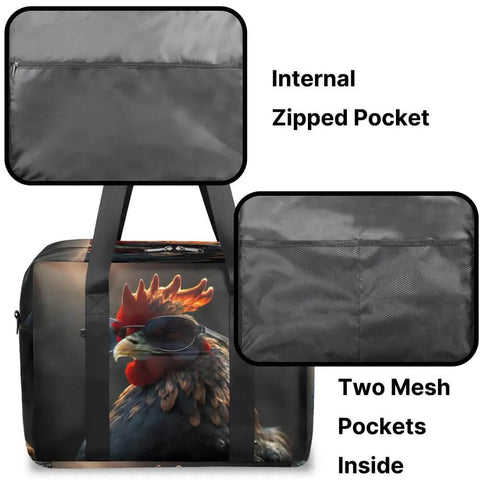 Waterproof Weekender Carry On Duffel For Women Durable Gym Bag And Overnight Travel Tote Lightweight Tear Resistant Polyester Black Rooster Design with internal zipped and mesh pockets