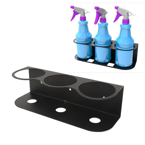 Heavy Duty Wall Mount Spray Bottle Holder Carbon Steel Paint Can Dispenser Rack With Powder Coated Finish For Garage Workshop holding three spray bottles.
