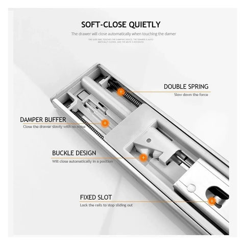 Rock Solid Heavy Duty Soft Close Drawer Slides Kit For Cabinets And Furniture, stainless steel close-up showing components, 3-section side mounting system.