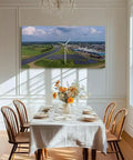 Aerial Dutch River Landscape Dope Wall Art Canvas Print With Wind Turbines Modern Gallery Wall Decor displayed in dining room