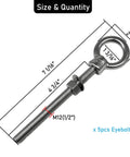 Diagram showing dimensions of Two Pack 1/2 Inch Eyebolts, 4-3/4 Inch Long, Marine Grade 316 Stainless Steel, with nuts and washers