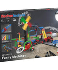 Advanced Funny Machines Construction Kit With 585 Parts For Building 3 Dope Models Like Marble Run And Cable Car Courses Trigger Domino Effects Launch A Catapult And Easily Integrate Dominoes Or Other Toys For Endless STEM Fun. Box front showing 3-model kit, 585 pieces