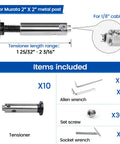 Patent Swageless Invisible Cable Railing Kit No Crimp Needed Hardware Swageless Fittings Tensioner Hidden For Two By Two Post Black One Eighth Inch T316 Stainless Deck Cable Railing System Ten Pack CB04 tensioner and items included in the kit.