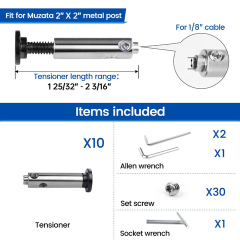 Patent Swageless Invisible Cable Railing Kit No Crimp Needed Hardware Swageless Fittings Tensioner Hidden For Two By Two Post Black One Eighth Inch T316 Stainless Deck Cable Railing System Ten Pack CB04 tensioner and items included in the kit.