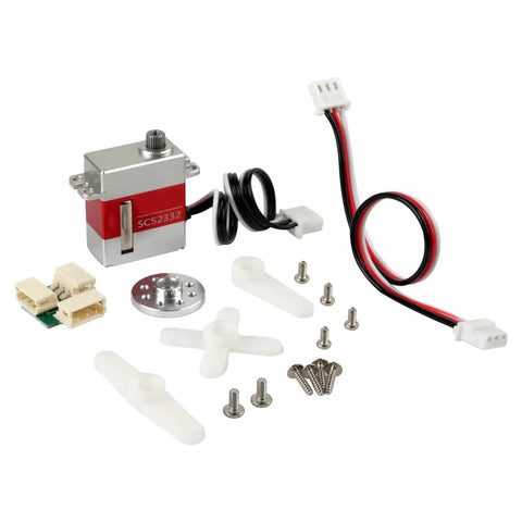 Top Shelf SCS2332 7.4V Serial Bus Servo Kit With Real All Metal Gears and accessories including connectors and gears.
