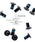 Heavy Duty 10 Pack M2.5 By 4 Millimeter Phillips Flat Head Screws With Nickel Plating For Laptop Bottom Cases And Wifi Modules Slick Black For Smooth Swaps on a white background.