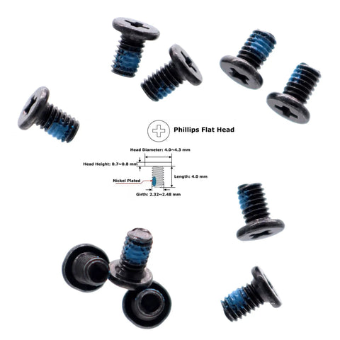 Heavy Duty 10 Pack M2.5 By 4 Millimeter Phillips Flat Head Screws With Nickel Plating For Laptop Bottom Cases And Wifi Modules Slick Black For Smooth Swaps on a white background.