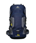 Front view of 60L Waterproof Hiking Backpack with Rain Cover Heavy Duty Nylon Daypack Rucksack, dark blue with reflective straps.