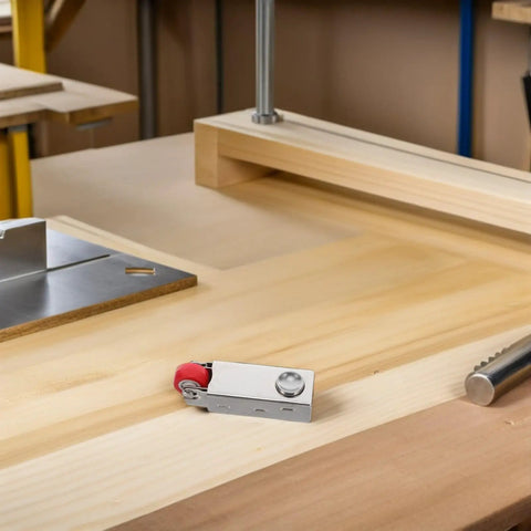 Heavy Duty Sliding Door Wheel With Anti Droop Roller And Mounting Hardware on woodwork surface, designed for smooth track mobility.