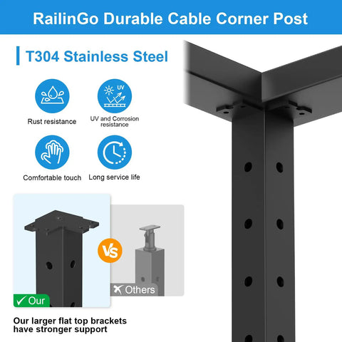 Heavy Duty Black Cable Railing Corner Post For Decks, T304 stainless steel, rust-resistant, surface mount design.