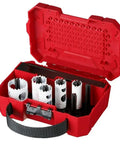 Awesome Milwaukee Style Hex Shank Hole Saw Kit With 9 General Purpose Cutting Bits Made From Tough 8 Percent Cobalt For Extra Wear Resistance And Rip Guard Teeth Plus Plug Jack For Fast Debris Removal On Any Hardwood Or Metal Job, red case open