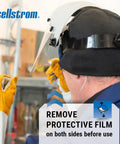 Worker wearing Advantage Face Shield With Crown And Ratchet Headgear for Grinding and Cutting, removing film, side view.