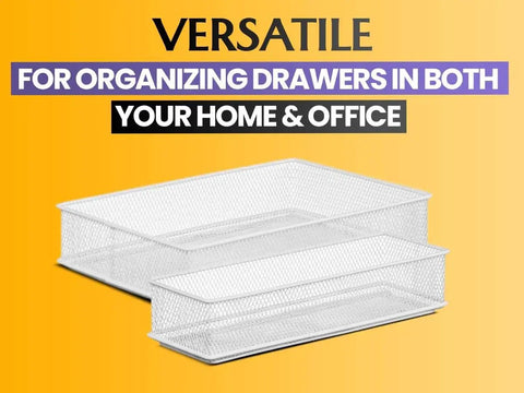 Silver Mesh Desk Organizer Bins For Office And Home Must Have Metal Wire Drawer Cabinet Shelves Caddy Rust Resistant Storage Bins Set 3 By 6 By 2 Inch Great For School And Craft Room on yellow background.