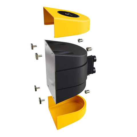 Exploded view of WMB-230 Magnetic Wall Mount Retractable Belt Barrier, showing yellow ABS case and components for assembly.