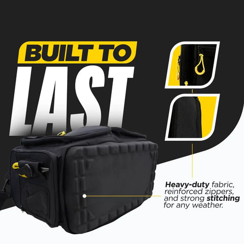 XL Tackle Bag Hauler Pro with 'Built to Last' label, highlighting heavy-duty fabric and reinforced zippers for anglers.