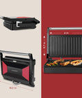 Aigostar 1000w Panini Press Sandwich Maker Non Stick Plates Quick Heat Even Cooking Crispy Grilling Appliance For Home Kitchen Party showing dimensions and grilled food.