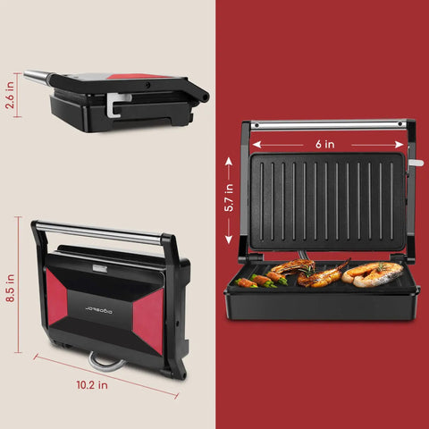 Aigostar 1000w Panini Press Sandwich Maker Non Stick Plates Quick Heat Even Cooking Crispy Grilling Appliance For Home Kitchen Party showing dimensions and grilled food.