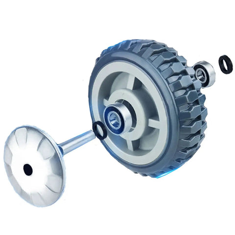 Assembly components of heavy duty caster wheels with top plate swivel and brakes for furniture, nylon core and 6202 bearings visible.