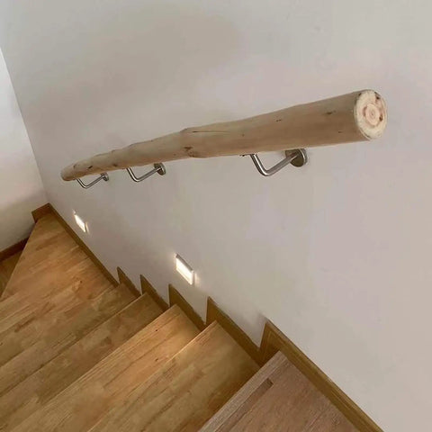 Genuine Solid Wood Stair Handrail With Killer Non Slip Grip Wall Mounted Railing For Indoor Outdoor Safety And Elderly Support Featuring No Sweat Installation And Knockout Durability For Your Home Or Office Setup, top view on wooden stairs.