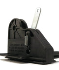 Side view of Premium Screw Drive Carriage for most garage door openers, black plastic body with metal lever, replaces 20414R.