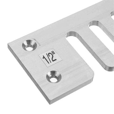 Close-up of Real Deal Aluminum Dovetail Router Template Kit showing engraved measurements and precision slots.