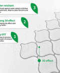 Diagram showing features of White Arabesque Peel And Stick Tile Backsplash, 3D effect, water resistance, and easy DIY installation.