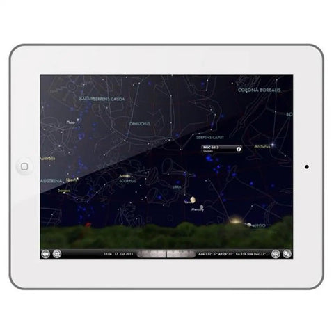 SkyPortal Wireless WiFi Module For Telescope Control Lets You Align Slew And Identify Objects Using A Smartphone Or Tablet With The SkySafari App displayed on a tablet screen.