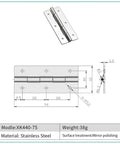Stainless Steel Cabinet Door Butt Hinge 75mm Model XK44075 with dimensions and mirror polishing details
