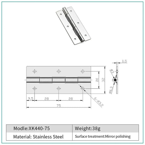 Stainless Steel Cabinet Door Butt Hinge 75mm Model XK44075 with dimensions and mirror polishing details