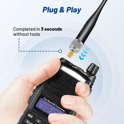 Hand holding radio with 16 Piece RF Coaxial Adapter Kit UHF BNC N F To SMA Male And Female Connectors visible