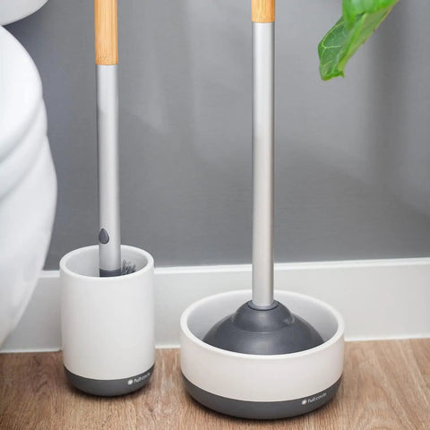 Toilet Brush With Ceramic Holder And Instant Dry Coating For Mold And Mildew Prevention, shown in bathroom setting.