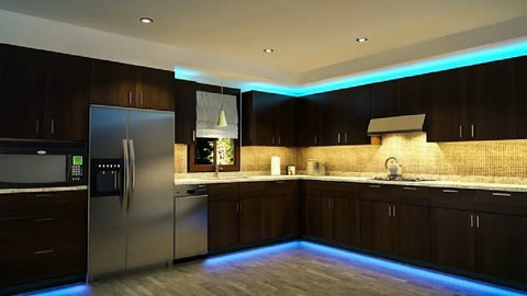 12V 24V DC Motion Sensor Light Switch Black PIR Occupancy Controller With Adjustable Delay And Sensitivity 3A Load Hands Free Auto On Off Ideal For Kitchen Cabinets Pantry Closet And LED Tape Lighting installed in a modern kitchen with under-cabinet LED strips