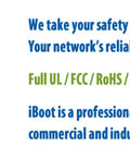 Certification logos for UL, FCC, RoHS, WEE compliance next to safety message for iBoot Web Power Switch With Cloud Remote Control And Built In Two Port Network Switch For Easy Remote Reboot And Power Management Of IT Gear Single Outlet NEMA 5 15.