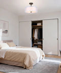 Bedroom with Three Light Drum Semi Flush Ceiling Light With Fabric Shade In Dark Bronze Close To Ceiling 16 Inch