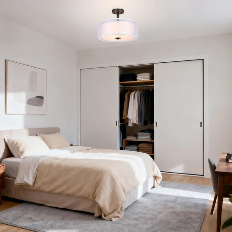 Bedroom with Three Light Drum Semi Flush Ceiling Light With Fabric Shade In Dark Bronze Close To Ceiling 16 Inch